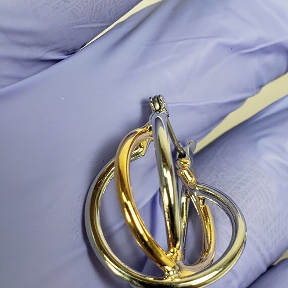 Women's Stunning Polished Dual Tones Triple Hoops Design Latch Back Earrings, 1" - Picture 9 of 9